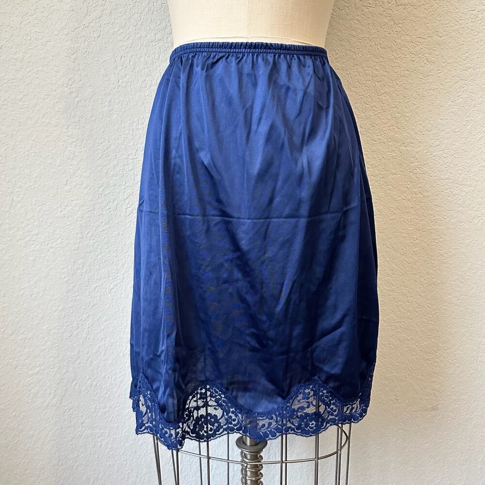 Vintage ADONNA Slip Skirt Navy Blue Elastic Waist Lace Trim USA 90s
